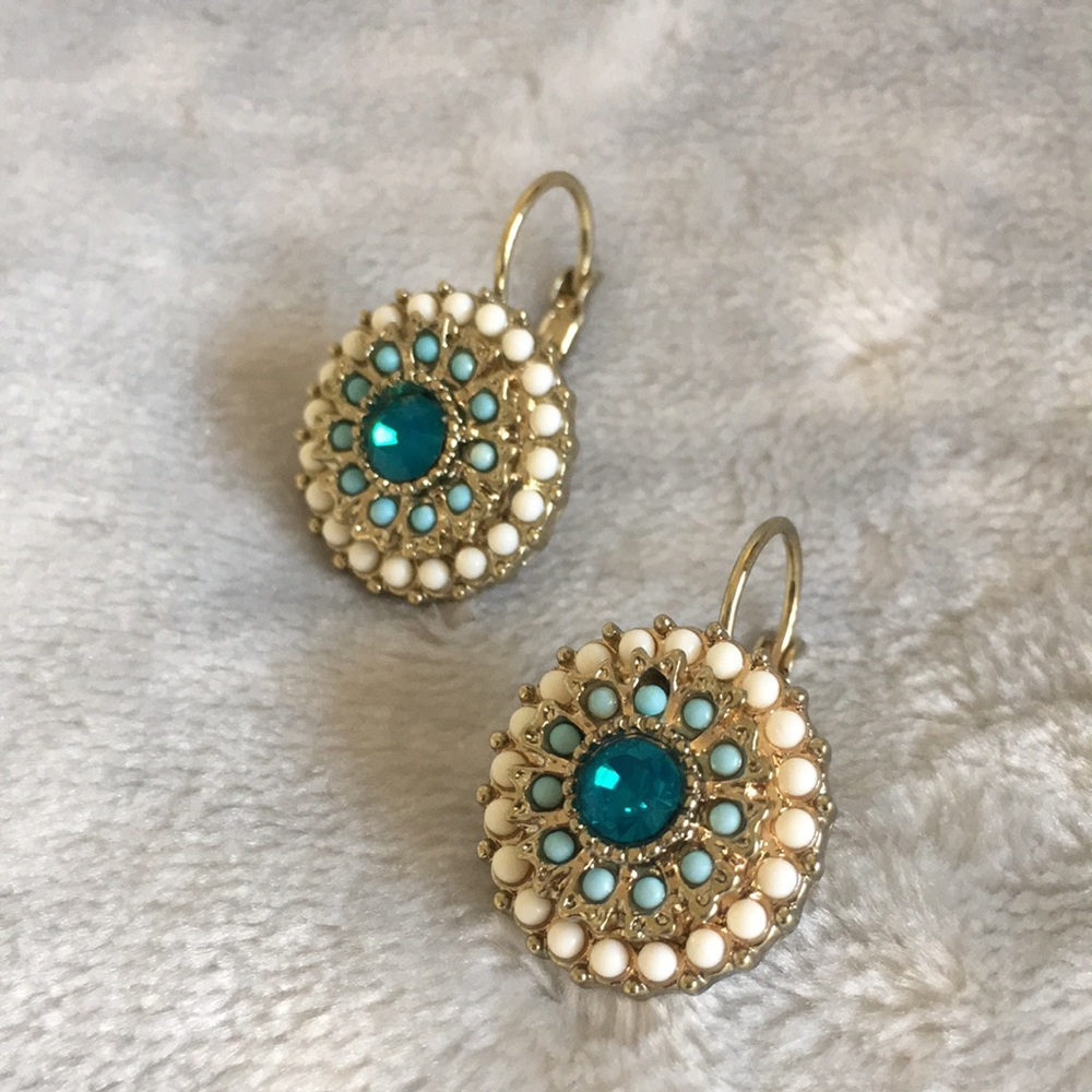 Aqua & Sand Colored Lever Back Bead Encrusted Pierced Fashion Earrings NWOT 1” - Picture 8 of 10